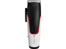 Charger l&#39;image dans la galerie, Tondeuse à cheveux blanche et noire avec des accents rouges. La lame est en haut.
