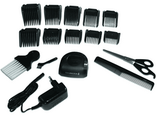 Charger l&#39;image dans la galerie, Un kit de toilettage avec plusieurs peignes, des tondeuses, une base de chargement, des ciseaux et un adaptateur.
