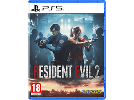 Boîte de jeu Resident Evil 2 PS5. Deux personnages avec des armes. Boîtier bleu avec paysage urbain.