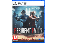 Boîte de jeu Resident Evil 2 PS5. Deux personnages avec des armes. Boîtier bleu avec paysage urbain.
