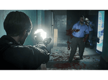 Charger l&#39;image dans la galerie, Homme tirant sur des zombies. Arme tirant avec flash lumineux. Éclaboussures de sang dans un couloir.
