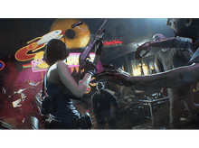 Charger l&#39;image dans la galerie, Une scène de jeu vidéo avec une femme tenant un fusil à pompe combattant des zombies dans une rue éclairée au néon.
