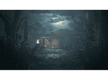 Charger l&#39;image dans la galerie, Scène sombre de nuit. Une cabane en bois avec un feu. Des arbres entourent la cabane, pleine lune visible.
