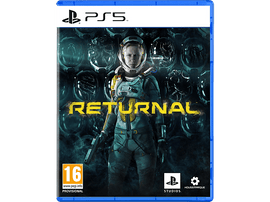 Boîtier de jeu PS5 "Returnal" avec une femme en combinaison spatiale.
