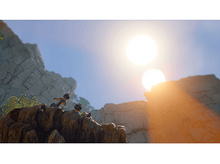 Charger l&#39;image dans la galerie, Trois personnages en combinaisons spatiales grimpent sur des rochers avec un soleil brillant en arrière-plan.
