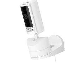 Caméra de sécurité Ring blanche. Elle est montée sur une base blanche avec objectif noir.