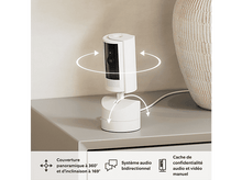 Charger l&#39;image dans la galerie, Une caméra de sécurité blanche sur un support. Flèches indiquent rotation à 360° et inclinaison à 169°.
