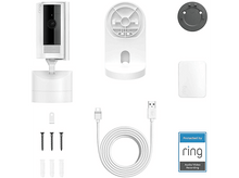 Charger l&#39;image dans la galerie, Composants de la caméra de sécurité : Caméra, base, support de montage, vis, câble USB et un autocollant en forme d&#39;anneau.
