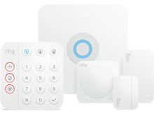 Charger l&#39;image dans la galerie, Un système de sécurité blanc avec un clavier, une station de base et plusieurs capteurs, de marque Ring.
