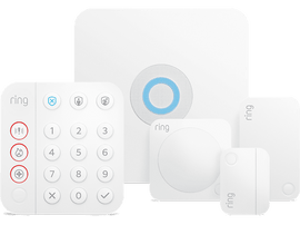 Un système de sécurité blanc avec un clavier, une station de base et plusieurs capteurs, de marque Ring.