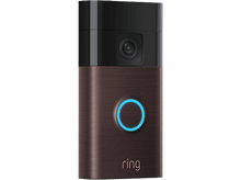 Charger l&#39;image dans la galerie, Sonnette vidéo Ring. Marron et noir. Lumière bleue allumée. Fond noir.
