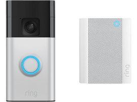 Sonnette Ring argentée avec lumière bleue et haut-parleur blanc séparé avec le logo Ring.