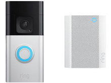 Charger l&#39;image dans la galerie, Sonnette vidéo Ring et unité de carillon, blanche et argentée, avec une lumière bleue.
