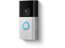 Charger l&#39;image dans la galerie, Sonnette vidéo Ring, un appareil rectangulaire noir et blanc avec une lumière bleue.
