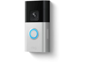 Sonnette vidéo Ring, un appareil rectangulaire noir et blanc avec une lumière bleue.