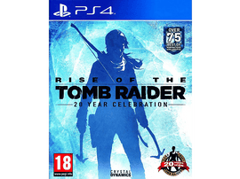 Couverture du jeu Rise of the Tomb Raider PS4. Lara Croft en silhouette tenant des armes.