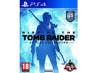 Couverture du jeu Rise of the Tomb Raider PS4. Lara Croft en silhouette tenant des armes.