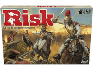 Boîte du jeu de société Risk. Soldats à cheval et canons sur la couverture.