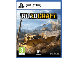 Boîtier de jeu. Un bulldozer sur un chantier. Titre : ROADCRAFT. Logo PS5 en haut à gauche.