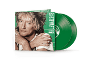 Pochette d'album : Rod Stewart avec son album 'Ultimate Hits' avec deux disques vinyles verts.