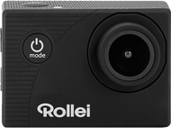Caméra d'action Rollei noire, avec bouton d'alimentation et bouton de mode visibles à l'avant.