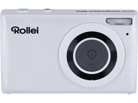 Appareil photo Rollei Compactline Mini blanc. Vue de face, objectif centré, flash et logo Rollei.