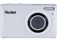 Appareil photo Rollei Compactline Mini blanc. Vue de face, objectif centré, flash et logo Rollei.