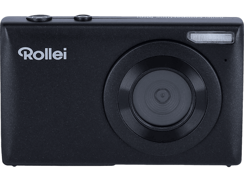 Un appareil photo Rollei noir avec un objectif, un flash et le nom de la marque sur fond noir.