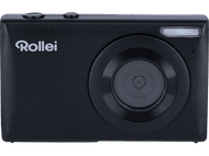 Un appareil photo Rollei noir avec un objectif, un flash et le nom de la marque sur fond noir.