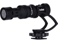 Microphone noir, Rollei Hear:ME mini, avec support noir. Fond noir.