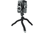 Appareil photo Rolleiflex vintage sur un trépied flexible, fond blanc. Couleurs noir et argent.