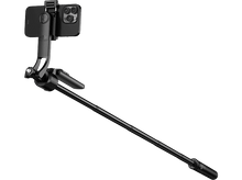 Charger l&#39;image dans la galerie, Perche à selfie noire avec un téléphone attaché, étendue, sur fond noir.
