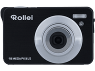 Appareil photo numérique Rollei noir. Objectif et flash argentés, 18 mégapixels à l'avant.