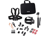 Un ensemble d'accessoires pour caméra d'action Rollei. Comprend une sangle de poitrine, une sangle de tête et des fixations.