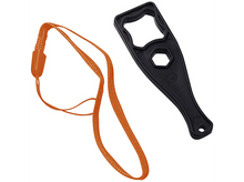 Charger l&#39;image dans la galerie, Un ouvre-bouteille noir avec une lanière orange.
