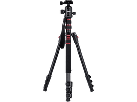 Trépied noir et rouge, pieds déployés. La tête est noire. Fond noir.