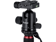 Charger l&#39;image dans la galerie, Une tête de trépied noire avec rotule et boutons de réglage.
