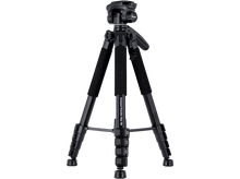 Charger l&#39;image dans la galerie, Trépied noir sur fond noir. Il a trois pieds, une tête et une colonne centrale.

