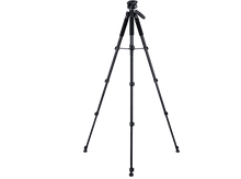 Charger l&#39;image dans la galerie, Un trépied noir se dresse sur un fond noir. Le trépied a des pieds réglables et une tête.
