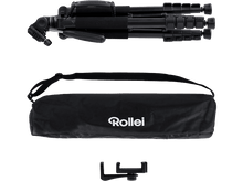 Charger l&#39;image dans la galerie, Trépied Rollei noir, un sac de transport noir et un support de téléphone, le tout sur fond noir.
