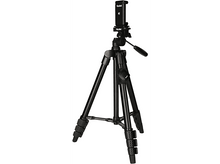 Charger l&#39;image dans la galerie, Trépied noir avec support de téléphone, pieds déployés. Marque Rollei visible. Fond blanc.
