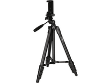 Charger l&#39;image dans la galerie, Un trépied noir pour un appareil photo avec un support de téléphone, sur fond blanc.
