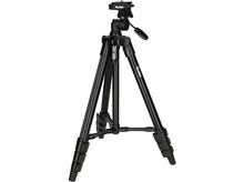 Charger l&#39;image dans la galerie, Un trépied noir avec trois pieds, une colonne centrale et une tête pour fixer un appareil photo.
