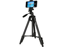 Charger l&#39;image dans la galerie, Trépied noir avec un smartphone attaché, affichant une photo de plage. Jambes déployées.
