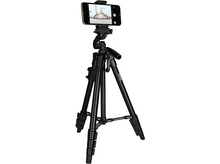 Charger l&#39;image dans la galerie, Trépied noir avec un smartphone attaché. Le téléphone affiche une personne faisant du yoga.
