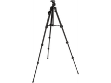 Charger l&#39;image dans la galerie, Un trépied noir avec des pieds réglables et une tête. Le trépied est sur un fond blanc.
