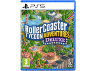Boîte de jeu PS5 de RollerCoaster Tycoon Adventures Deluxe. Elle contient une image de montagnes russes.