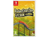 Jaquette du jeu RollerCoaster Tycoon Classic avec des montagnes russes. Logo Nintendo Switch.
