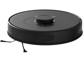 Aspirateur robot noir, rond avec un petit capteur noir et deux brosses noires.