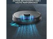 Charger l&#39;image dans la galerie, Aspirateur robot avec des lumières bleues, nettoyant un sol gris. Texte : action de nettoyage 4 en 1.
